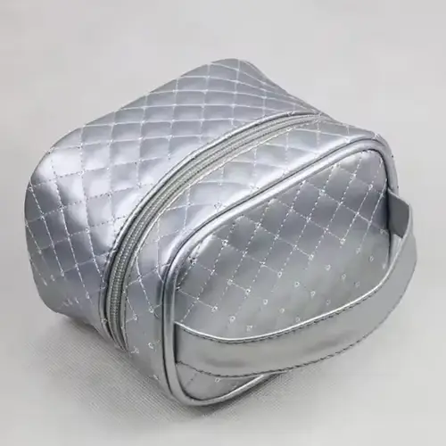 OEM New Style Grid Waterproof Pretty Makeup Bags Silver Girls Leather Cosmetic Bags